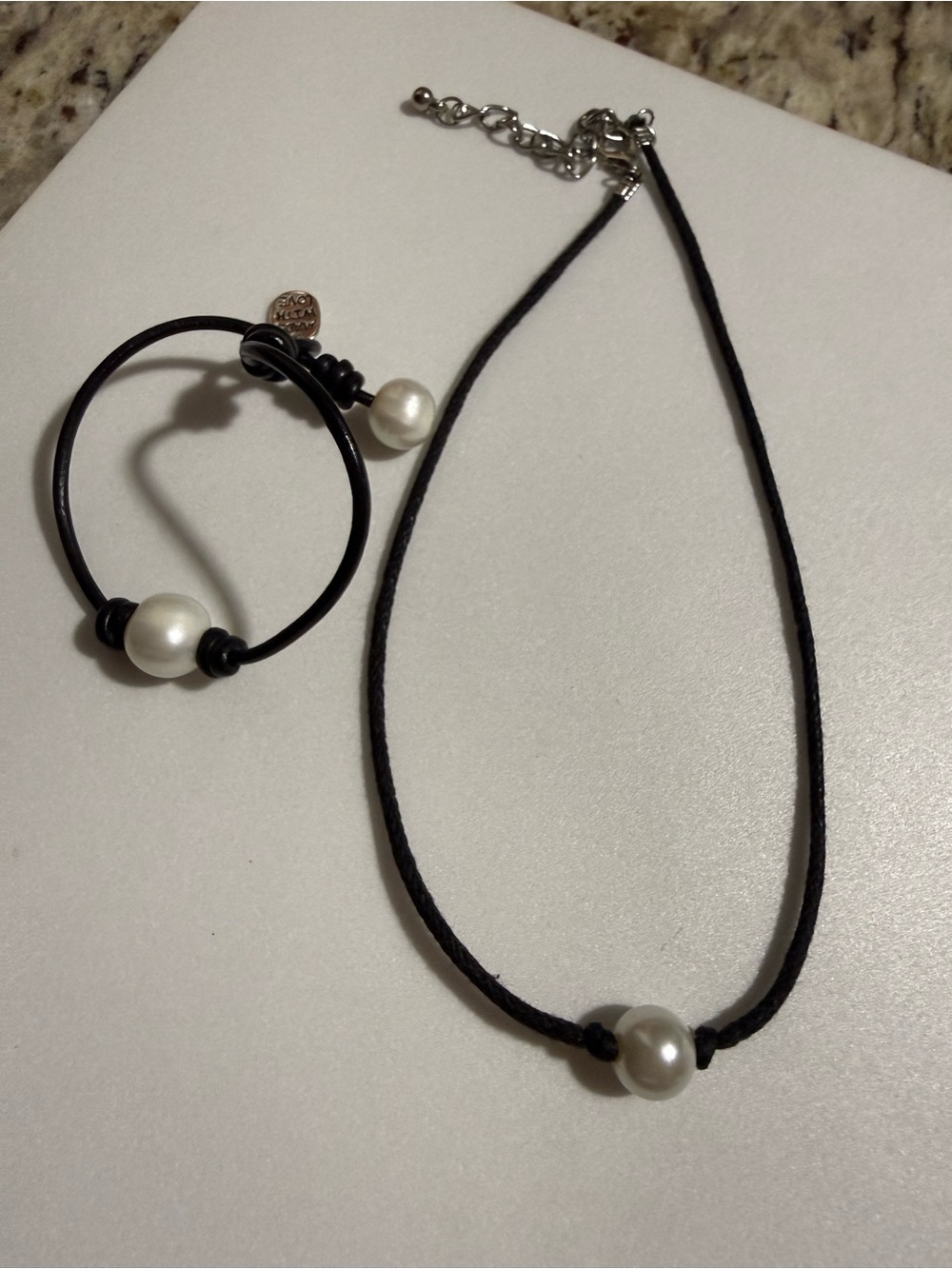 Pearl Cord Bracelet and Necklace Set - Black and White